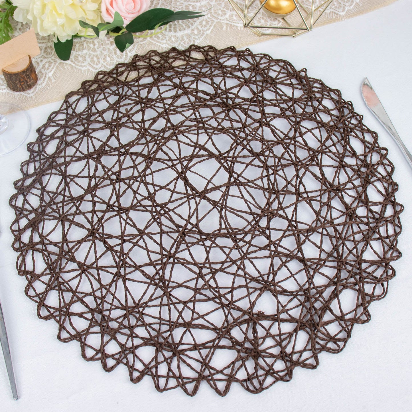6 Pack | 15" Dark Brown Woven Fiber Disposable Placemats, Round Table Mats