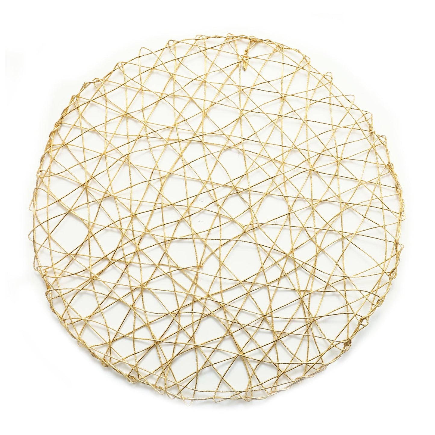 Gold metallic round woven disposable placemat.