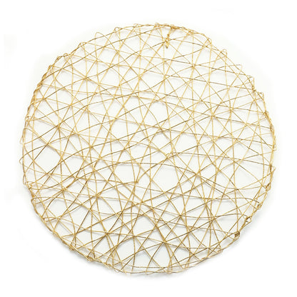 Gold metallic round woven disposable placemat.