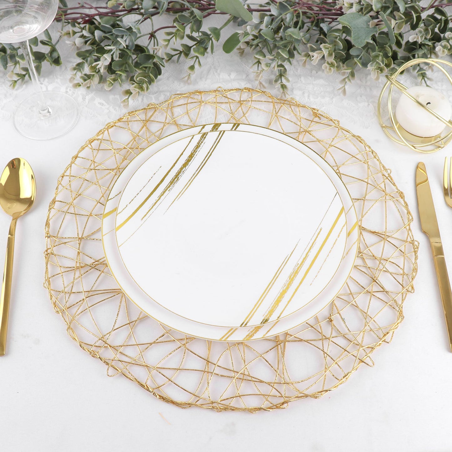 Gold metallic round woven placemats for elegant table settings.