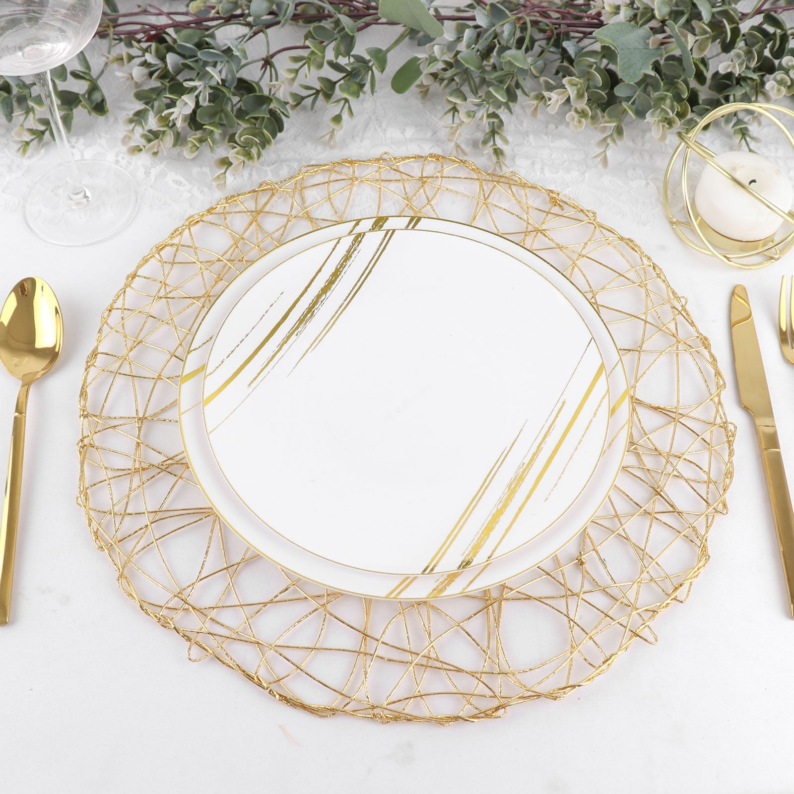Gold metallic round woven placemats for elegant table settings.