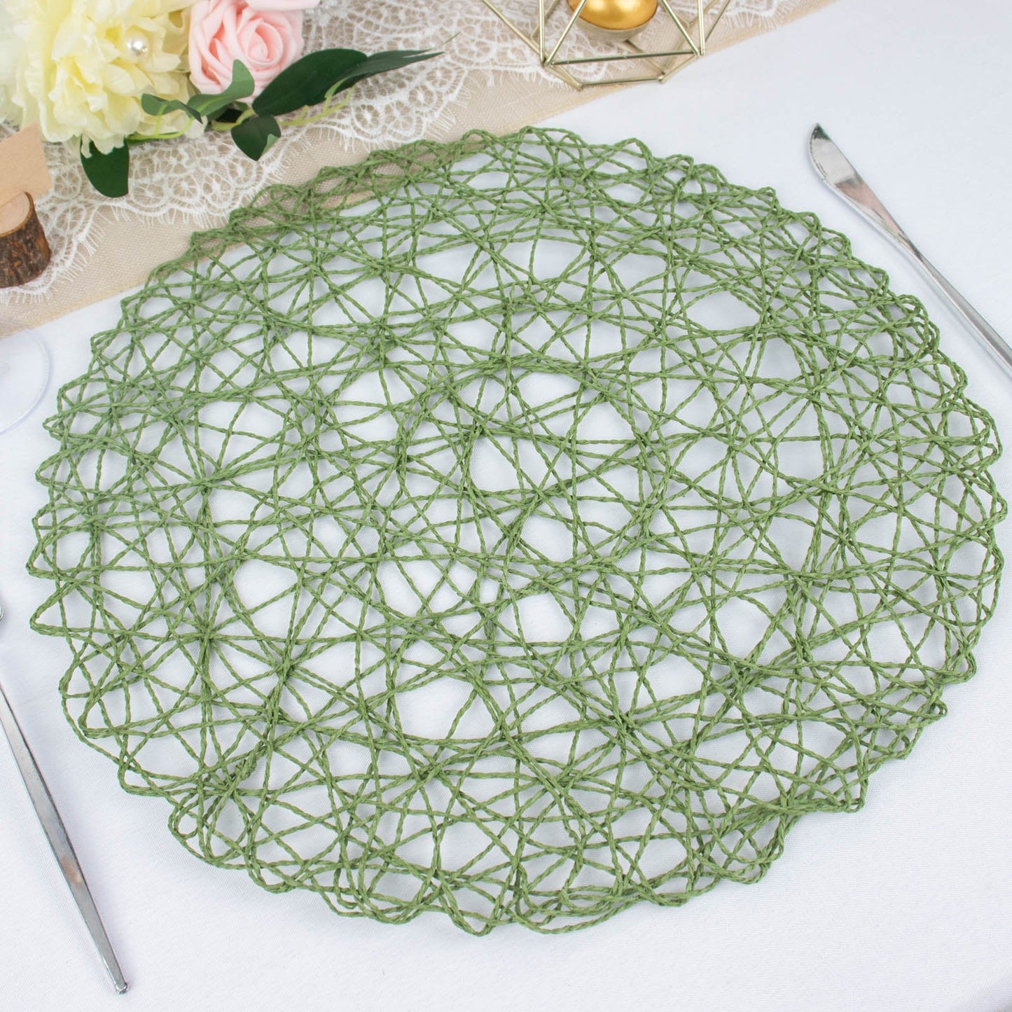 6 Pack | 15" Olive Green Woven Fiber Disposable Placemats, Round Table Mats