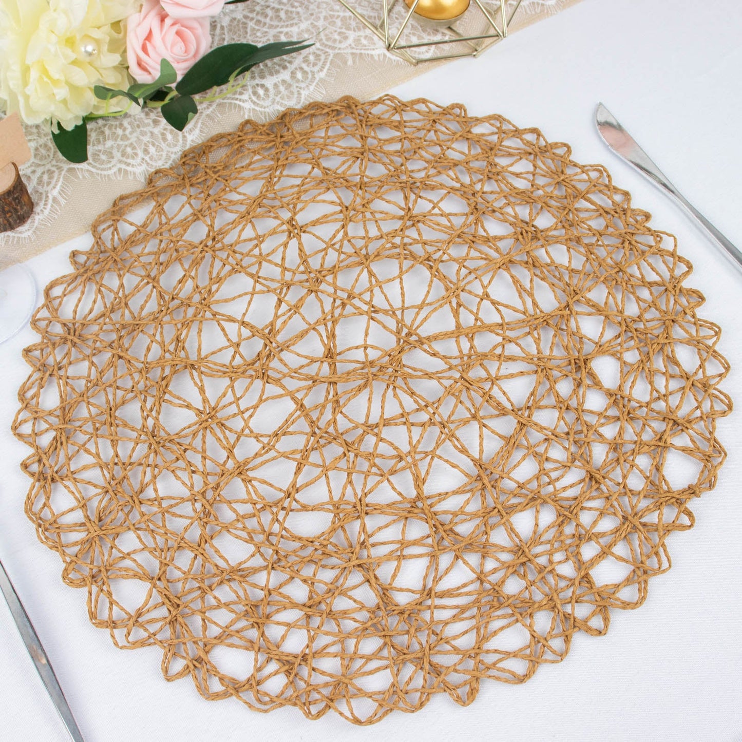 6 Pack | 15" Natural Woven Fiber Disposable Placemats, Round Table Mats