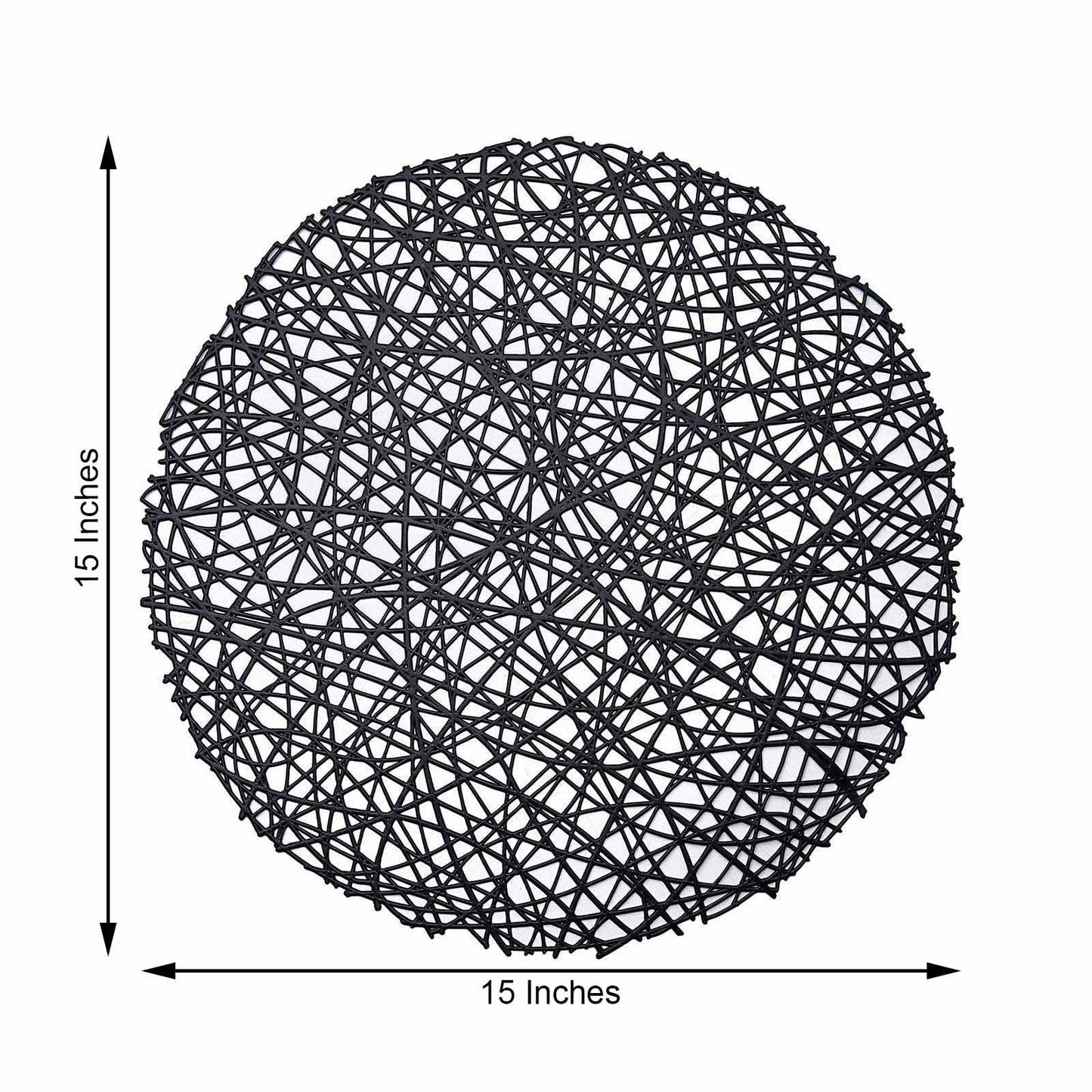 Black round vinyl placemat, decorative woven non-slip, 15 inches.