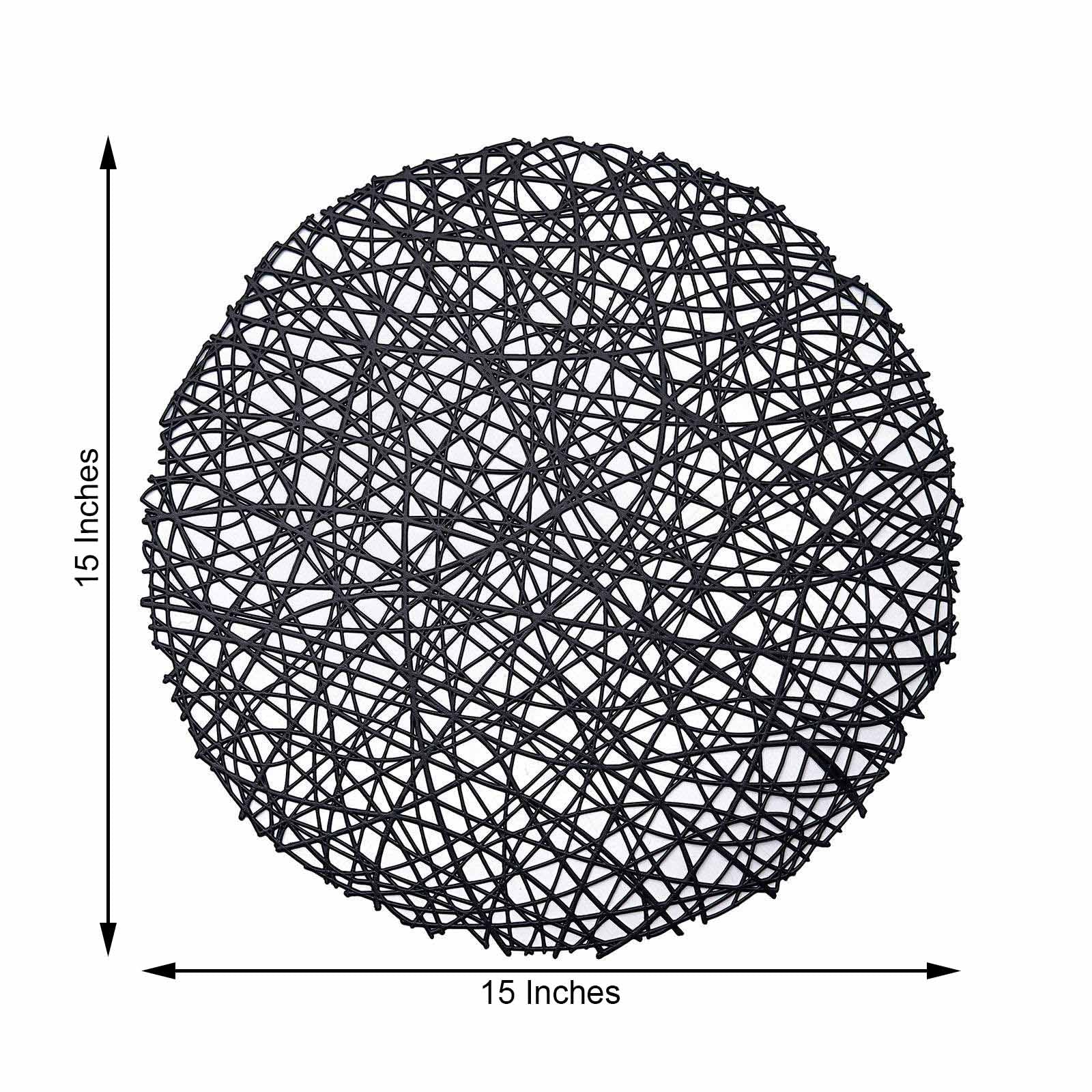 Black round vinyl placemat, decorative woven non-slip, 15 inches.