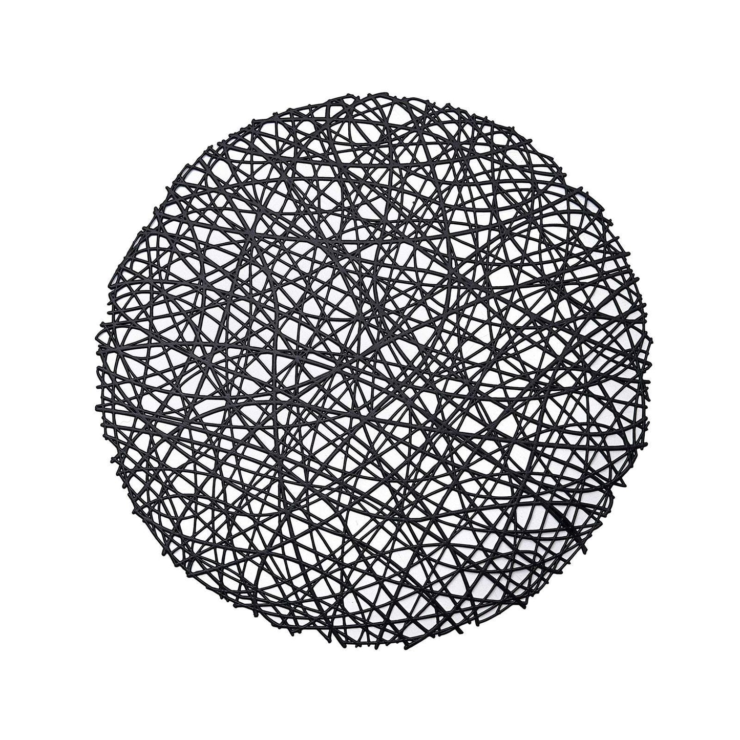 Black vinyl round placemat with decorative woven design.