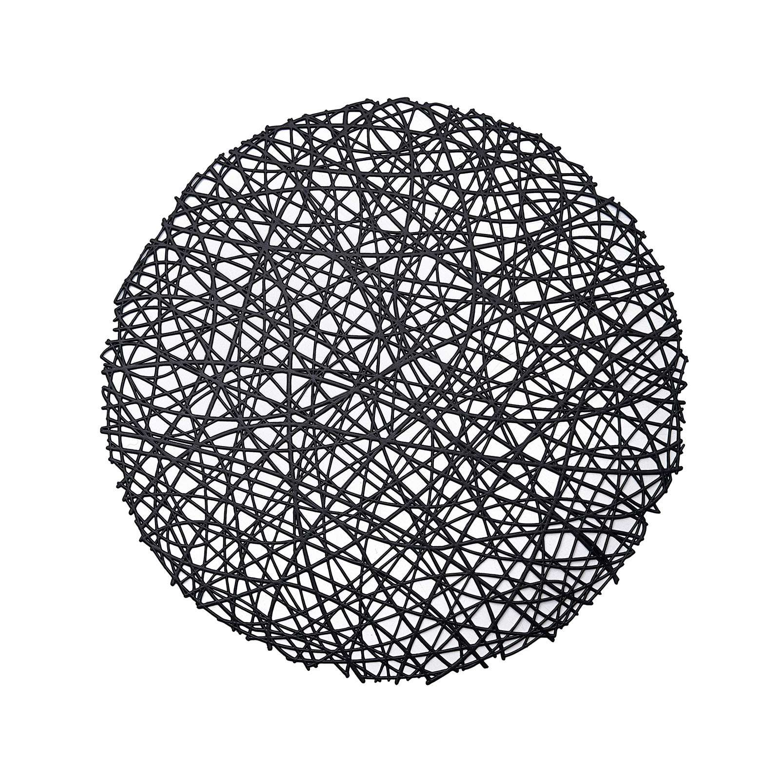 Black vinyl round placemat with decorative woven design.