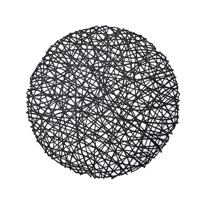Black vinyl round placemat with decorative woven design.
