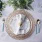 Champagne metallic vinyl placemats on a beautifully set table.