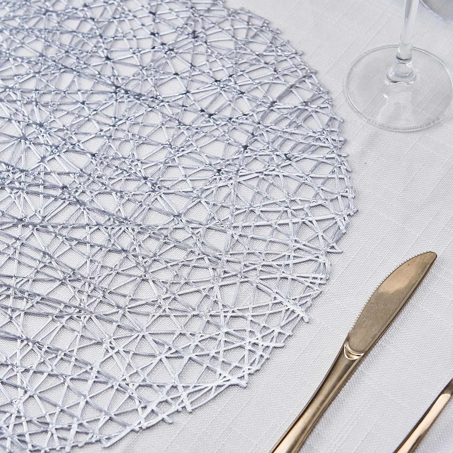 15 Inch Round Non Slip Silver Metallic Woven Vinyl Table Mats 6 Pack