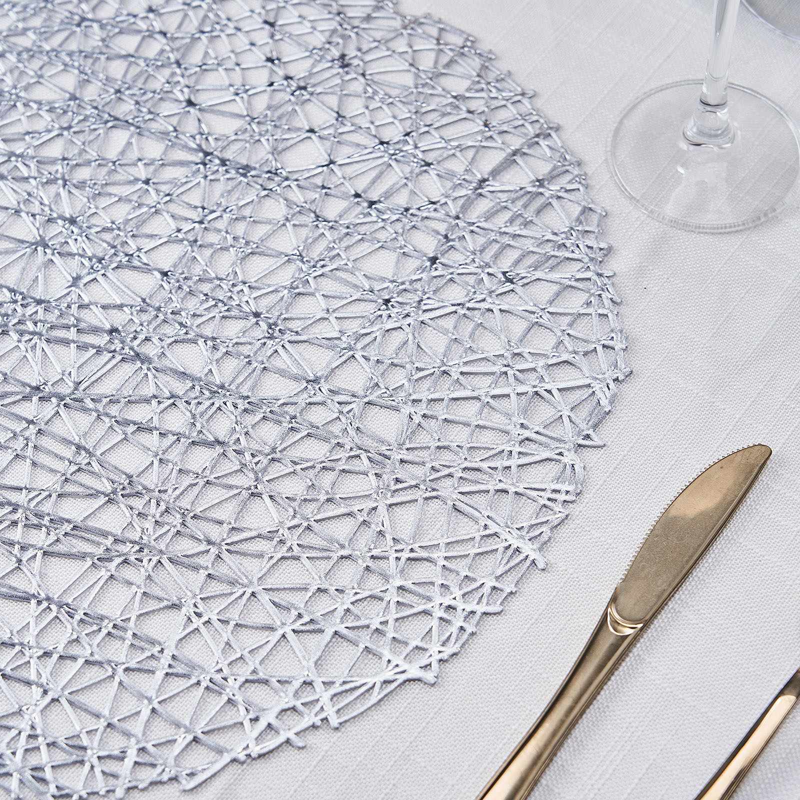 15 Inch Round Non Slip Silver Metallic Woven Vinyl Table Mats 6 Pack