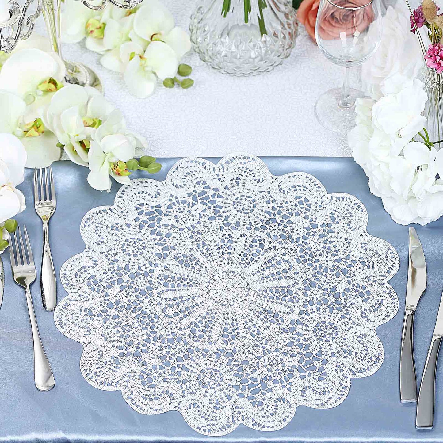 6 Pack White Vinyl Placemats, Vintage Floral Lace Non-Slip Dining Table Mats 15"