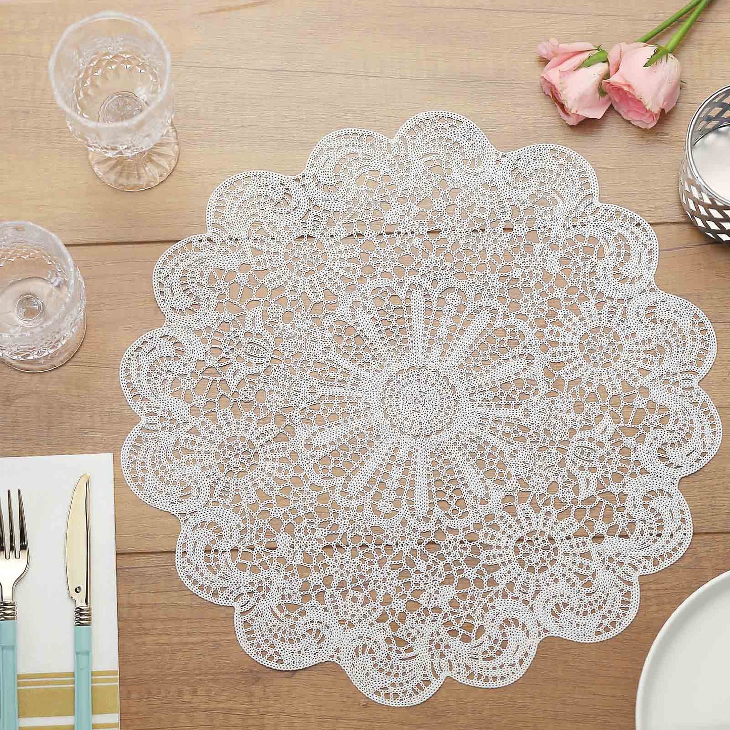 6 Pack 15 Inch Vintage White Vinyl Floral Lace Non Slip Placemats