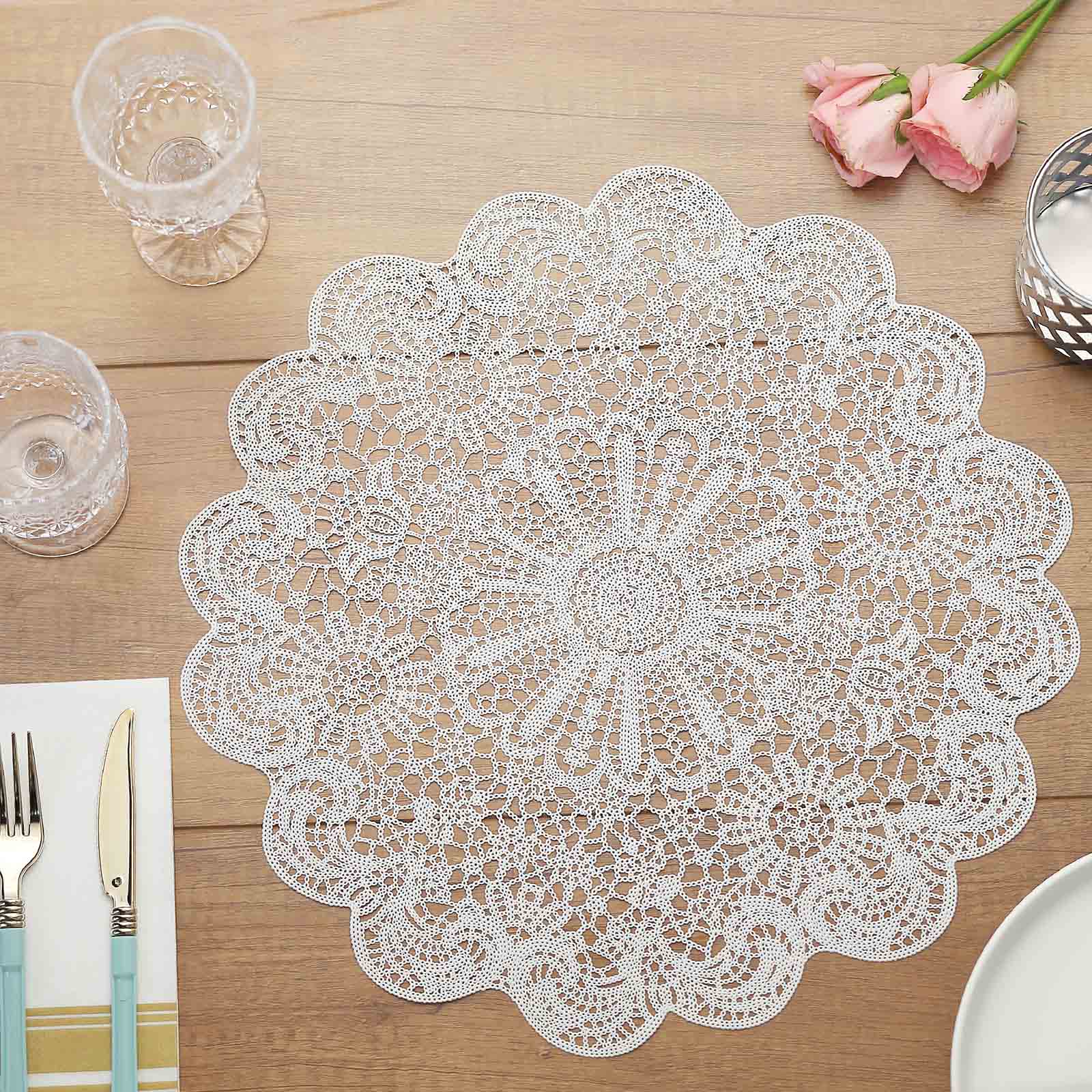 6 Pack 15 Inch Vintage White Vinyl Floral Lace Non Slip Placemats