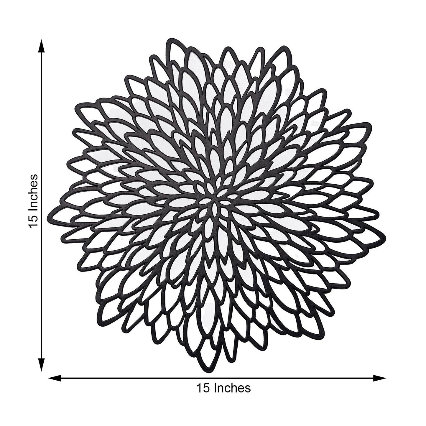 Black floral vinyl placemat, round shape, 15 inches diameter.