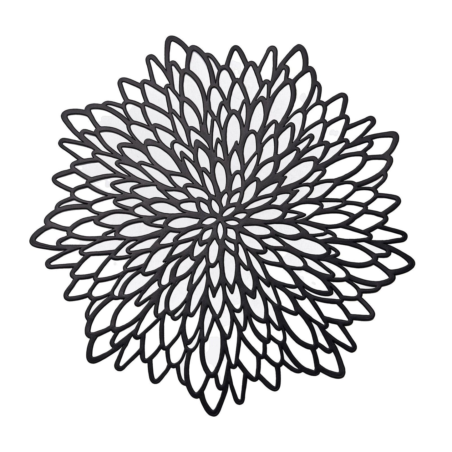 Black floral vinyl placemat, round design for dining tables.
