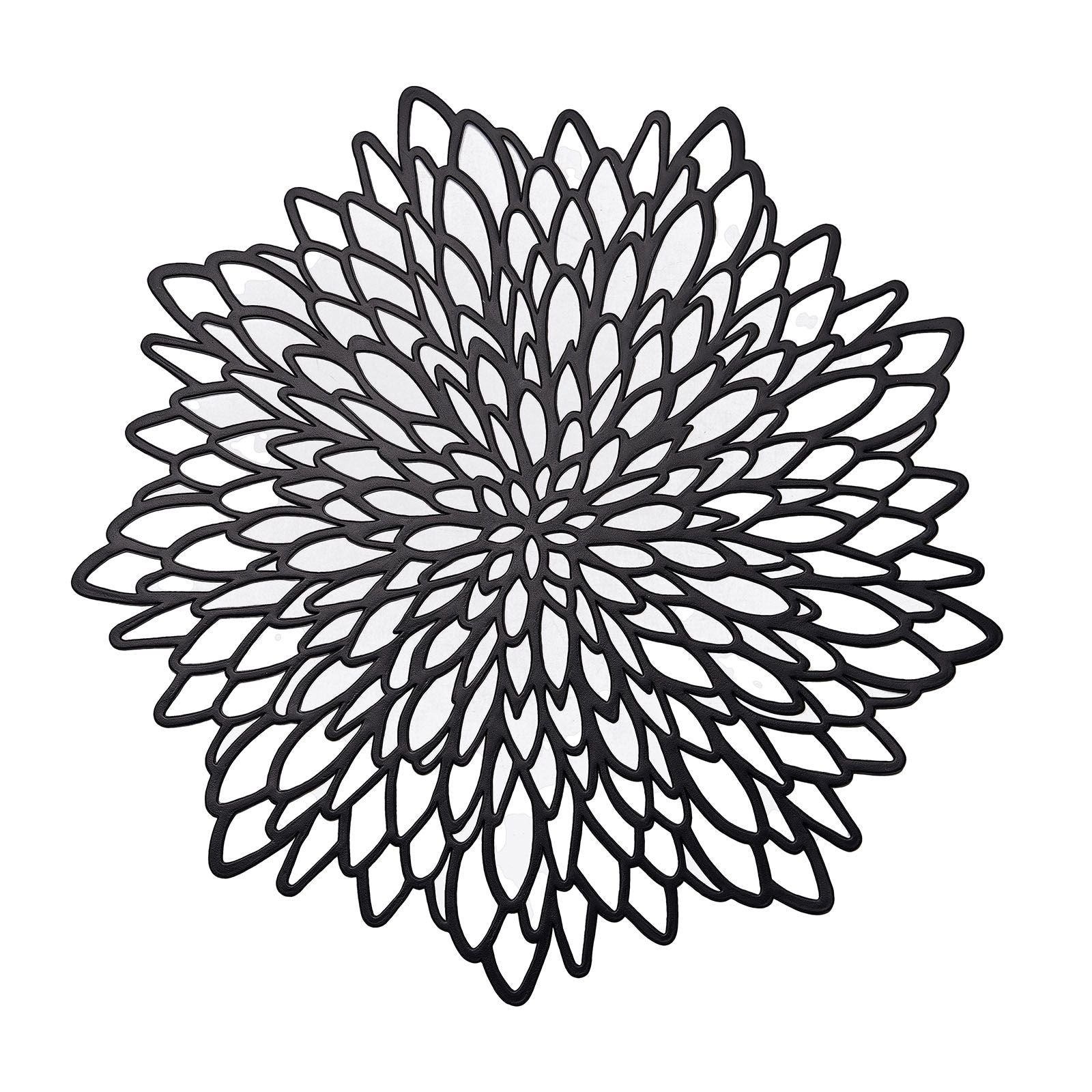 Black floral vinyl placemat, round design for dining tables.