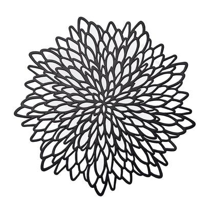 Black floral vinyl placemat, round design for dining tables.