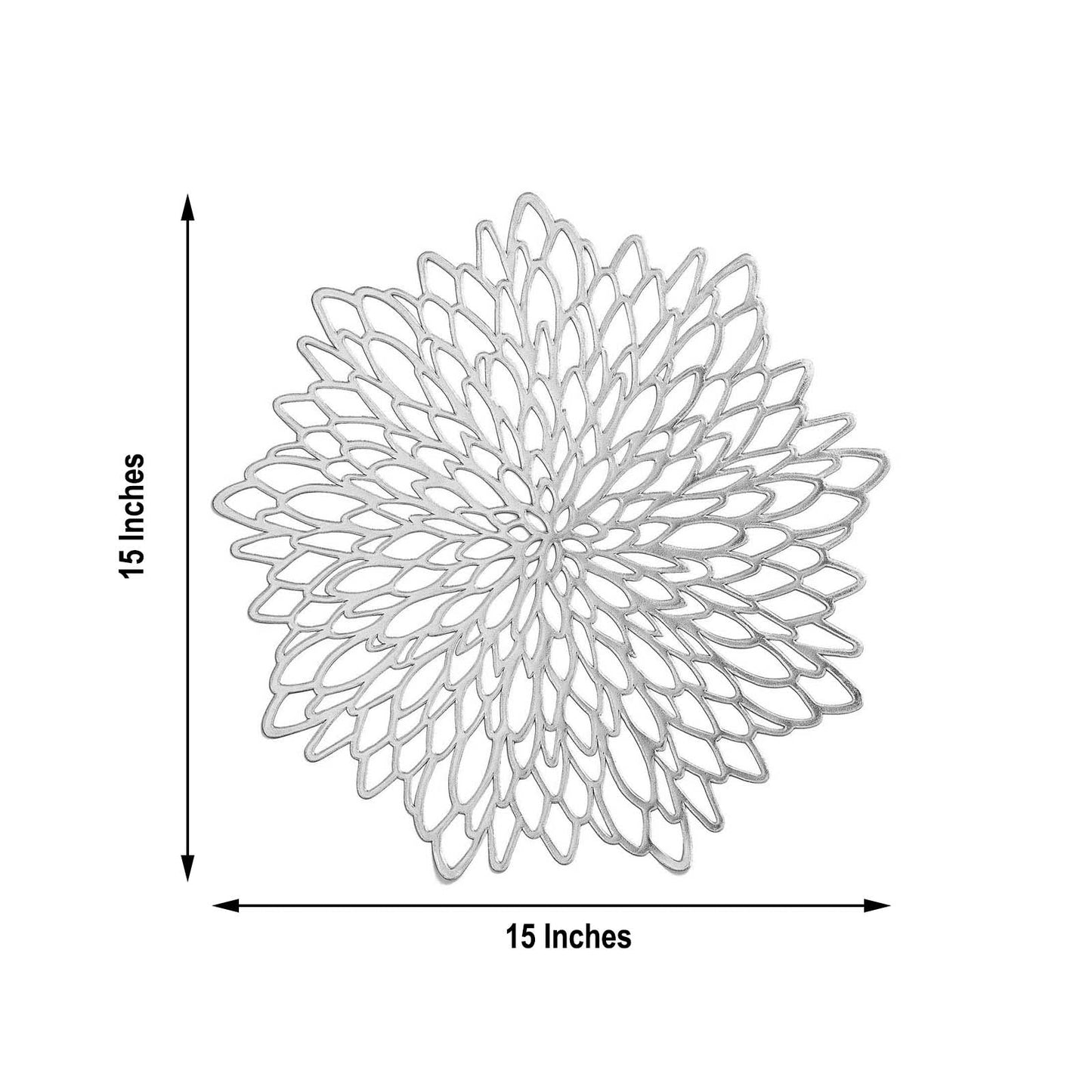 Silver vinyl floral placemat, 15 inches round, non-slip design.