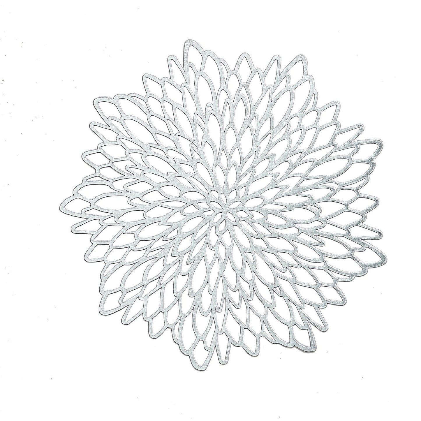 Silver vinyl floral placemat, decorative non-slip round design for dining tables.