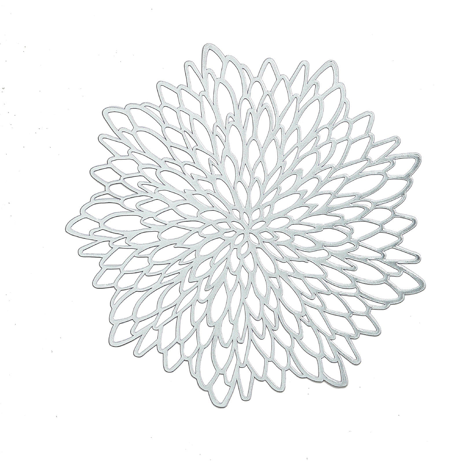 Silver vinyl floral placemat, decorative non-slip round design for dining tables.