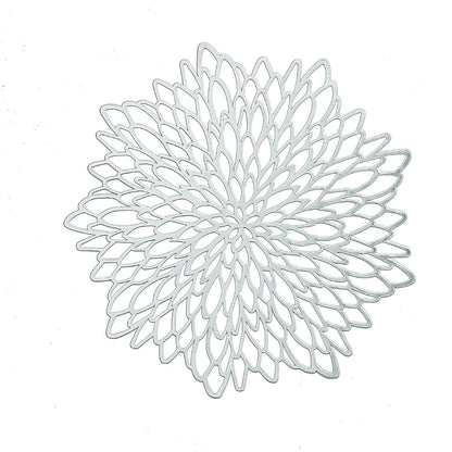 Silver vinyl floral placemat, decorative non-slip round design for dining tables.