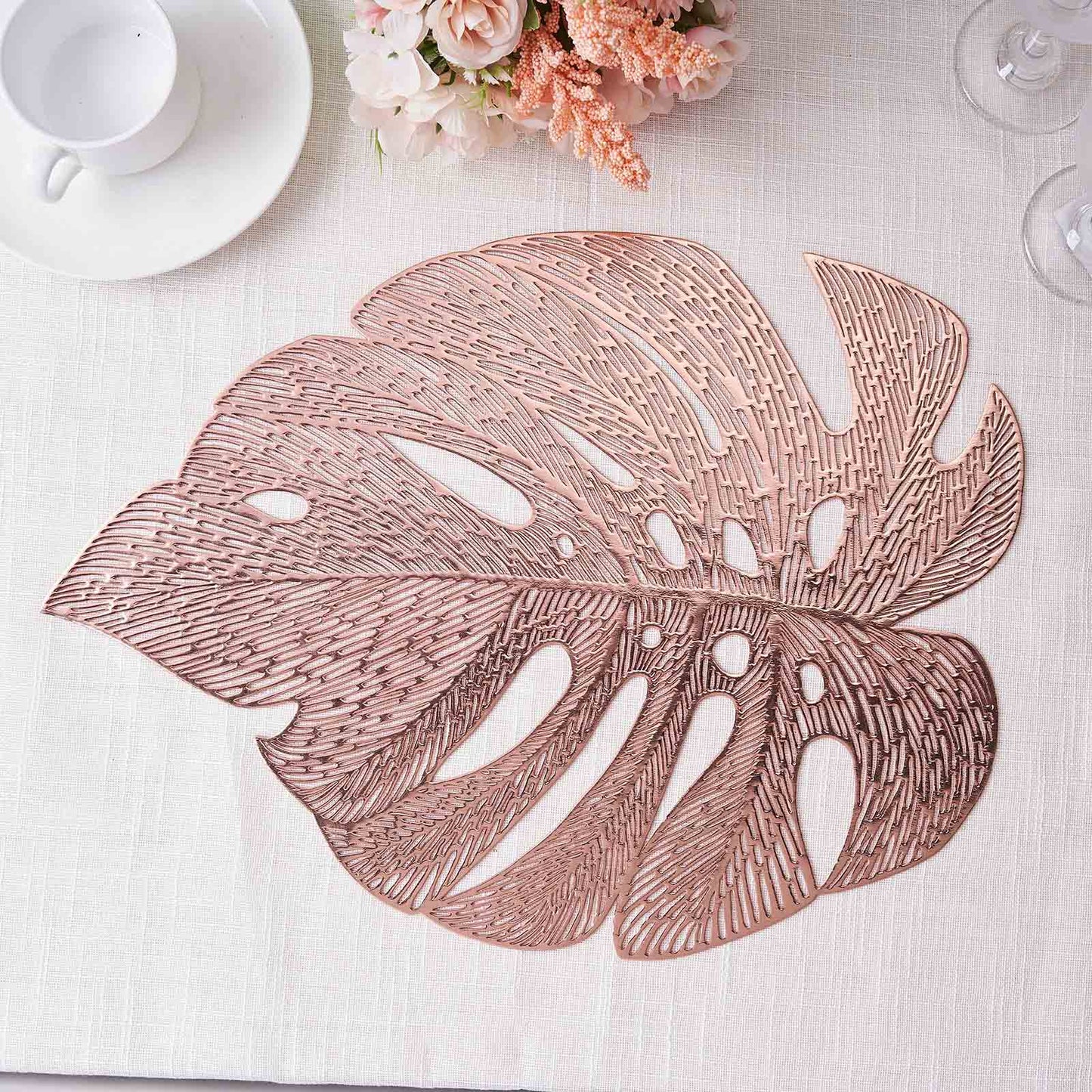 6 Pack Rose Gold Vinyl Placemats, Monstera Leaf Non-Slip Dining Table Mats 18"