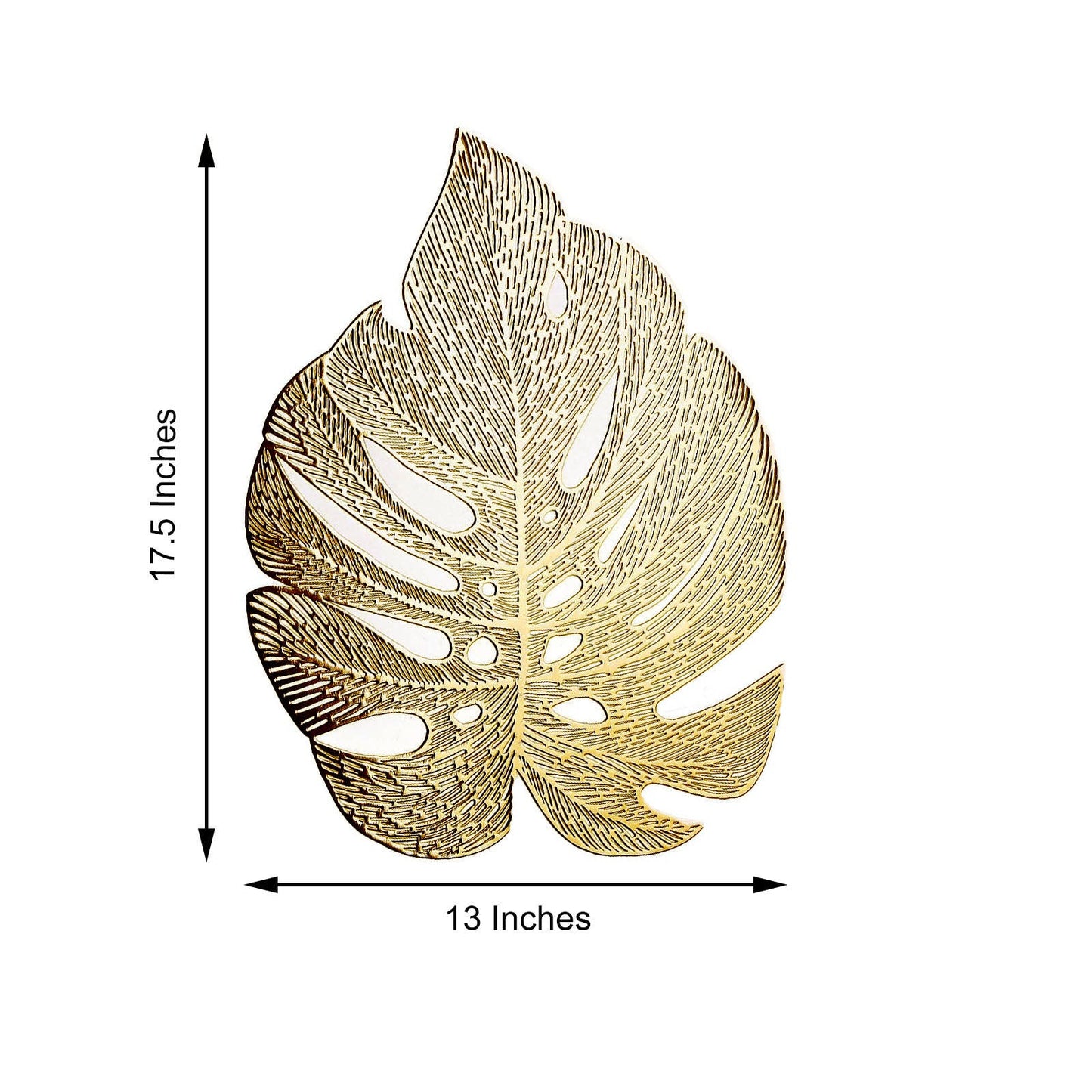 Gold monstera leaf vinyl placemat, non-slip, 18 inches, pack of 6.