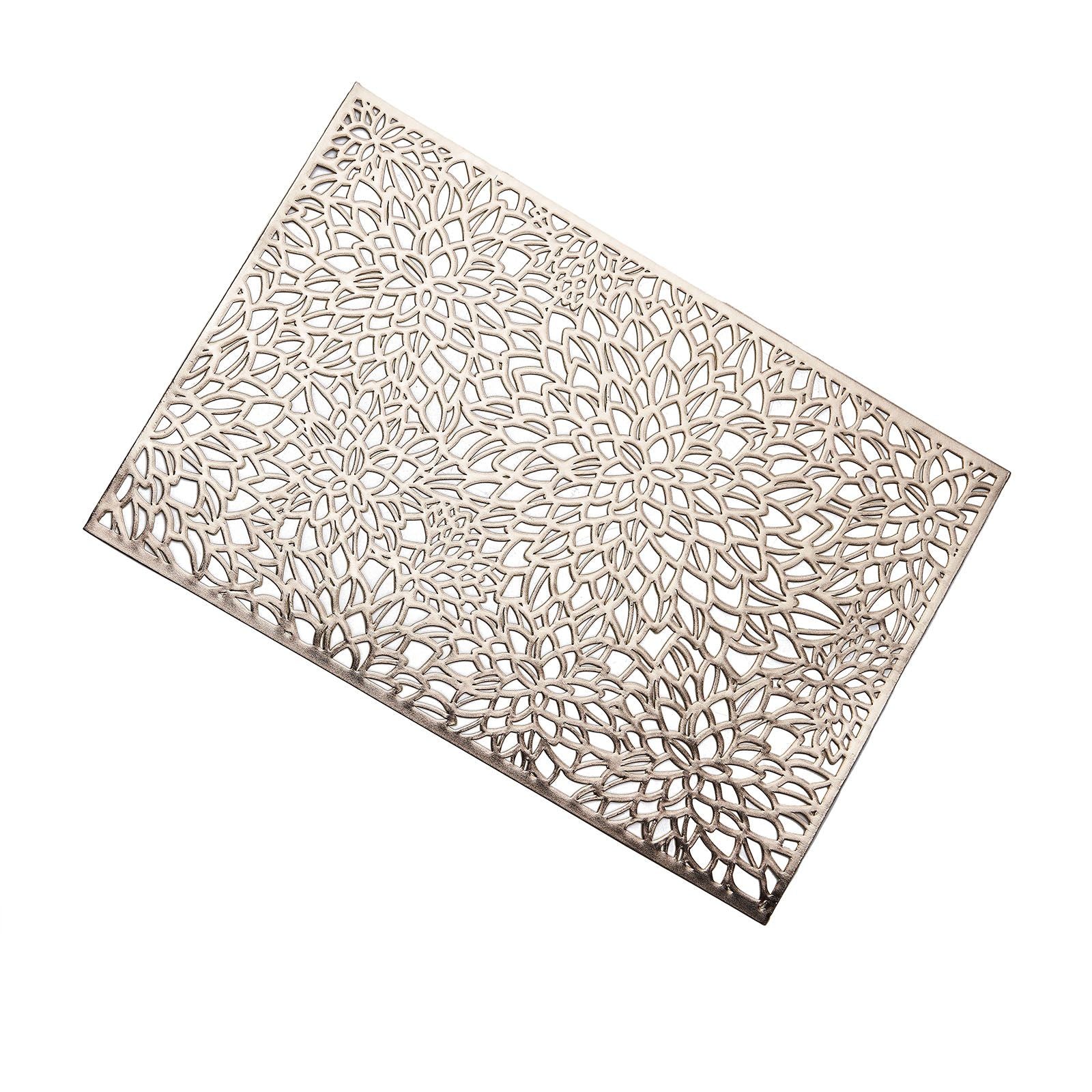 6 Pack | 12x18inch Gold Metallic Floral Vinyl Placemats, Non-Slip Rectangle Dining Table Mats