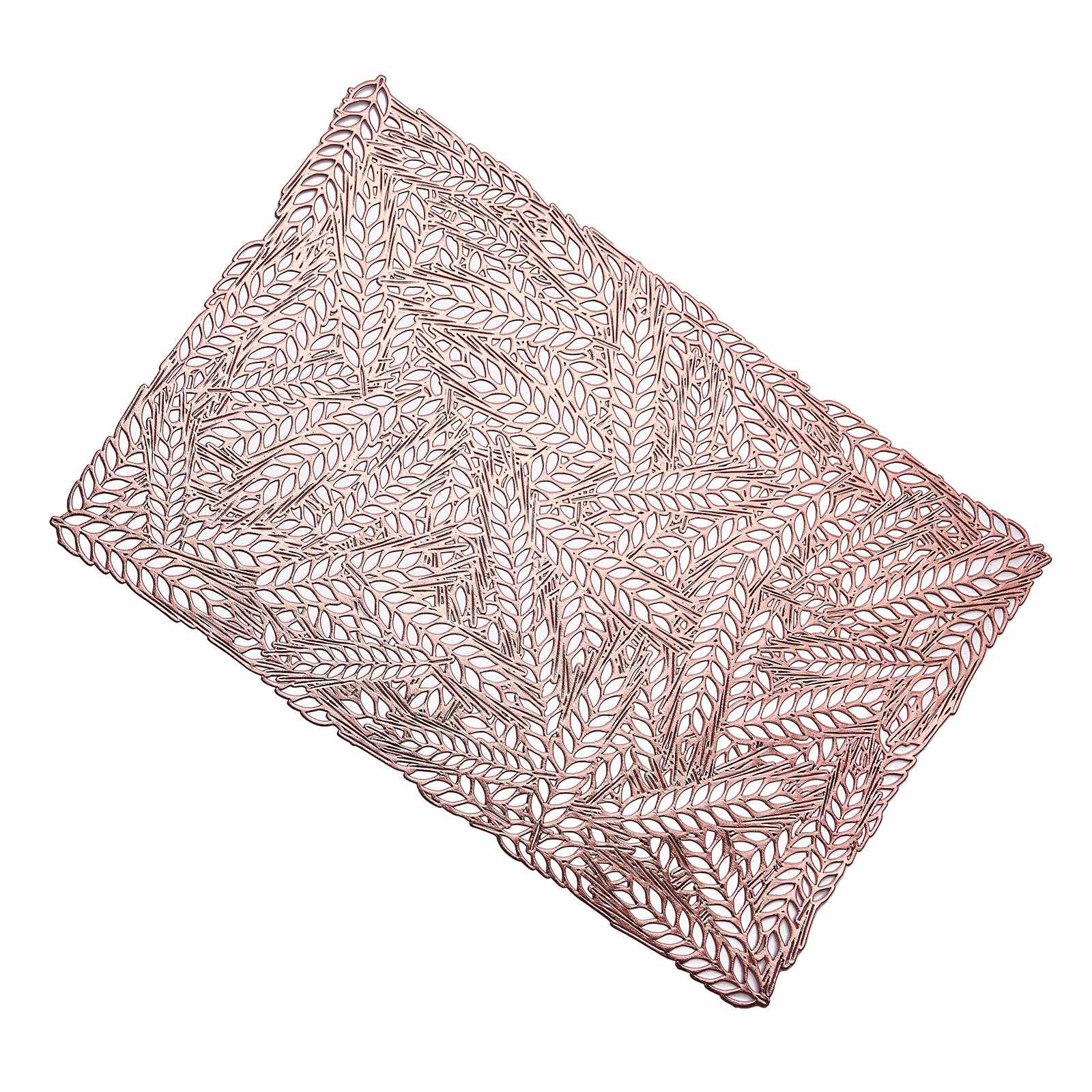 Rose gold vinyl placemat with a metallic wheat design.