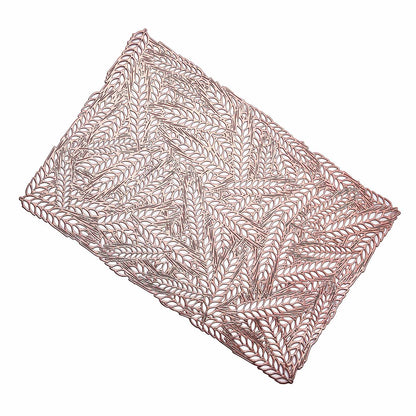 Rose gold vinyl placemat with a metallic wheat design.