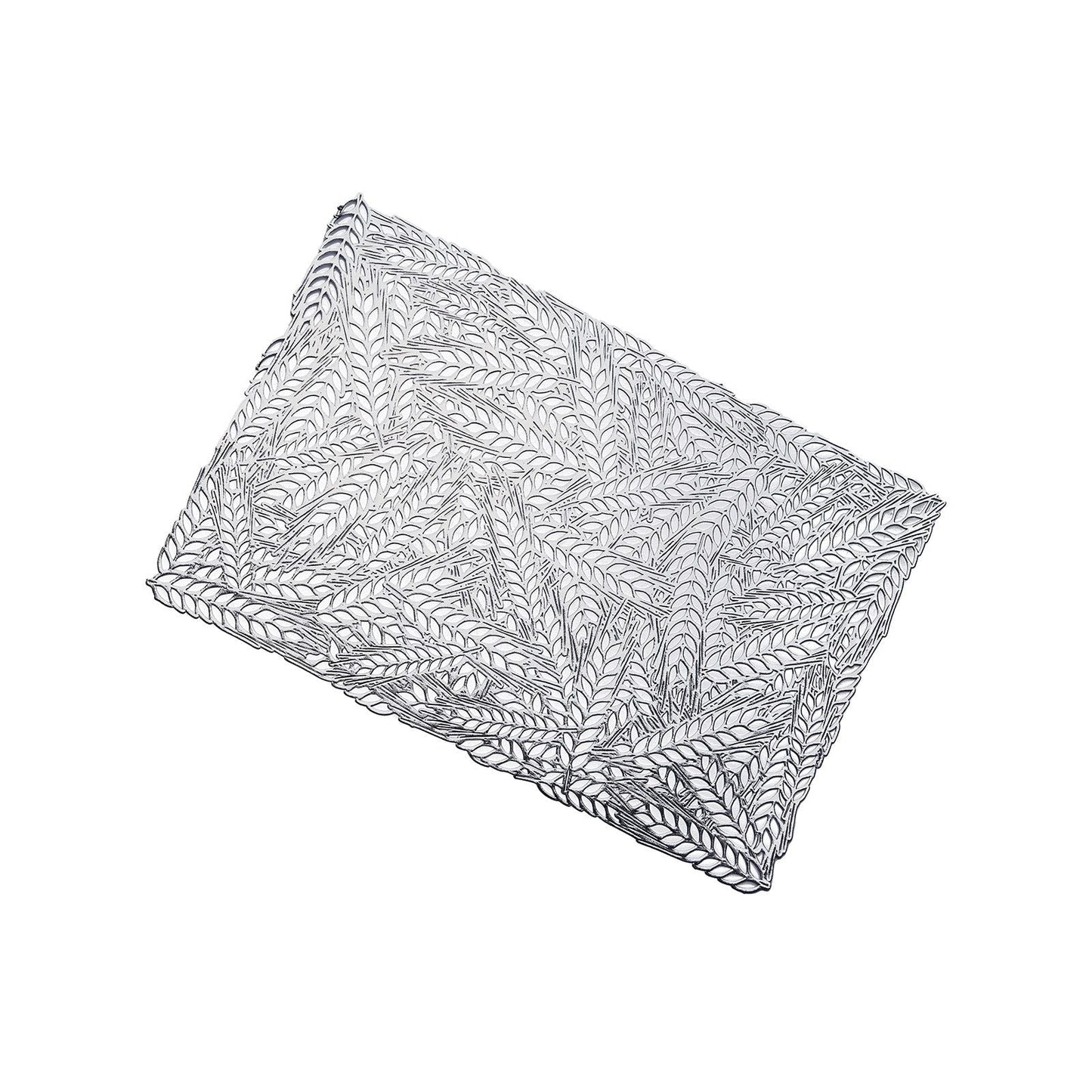 Silver metallic placemat with wheat design, 12"x18", non-slip.