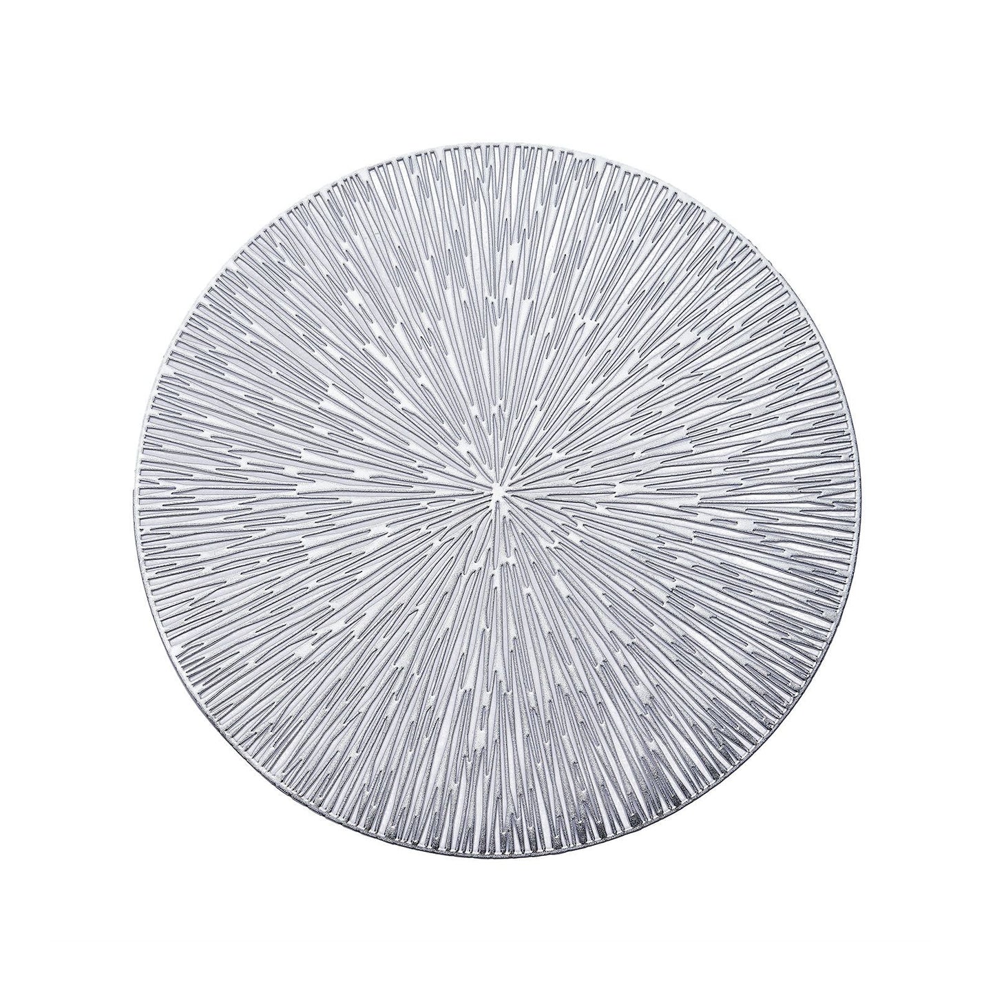 Silver metallic round placemat with a spiked design.