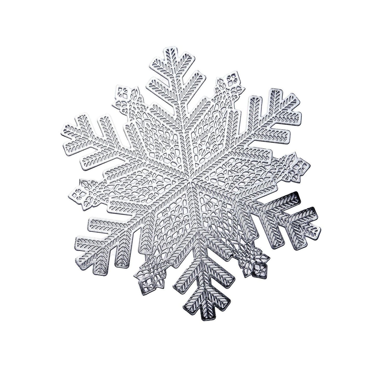 Silver metallic snowflake vinyl placemat for winter table settings.