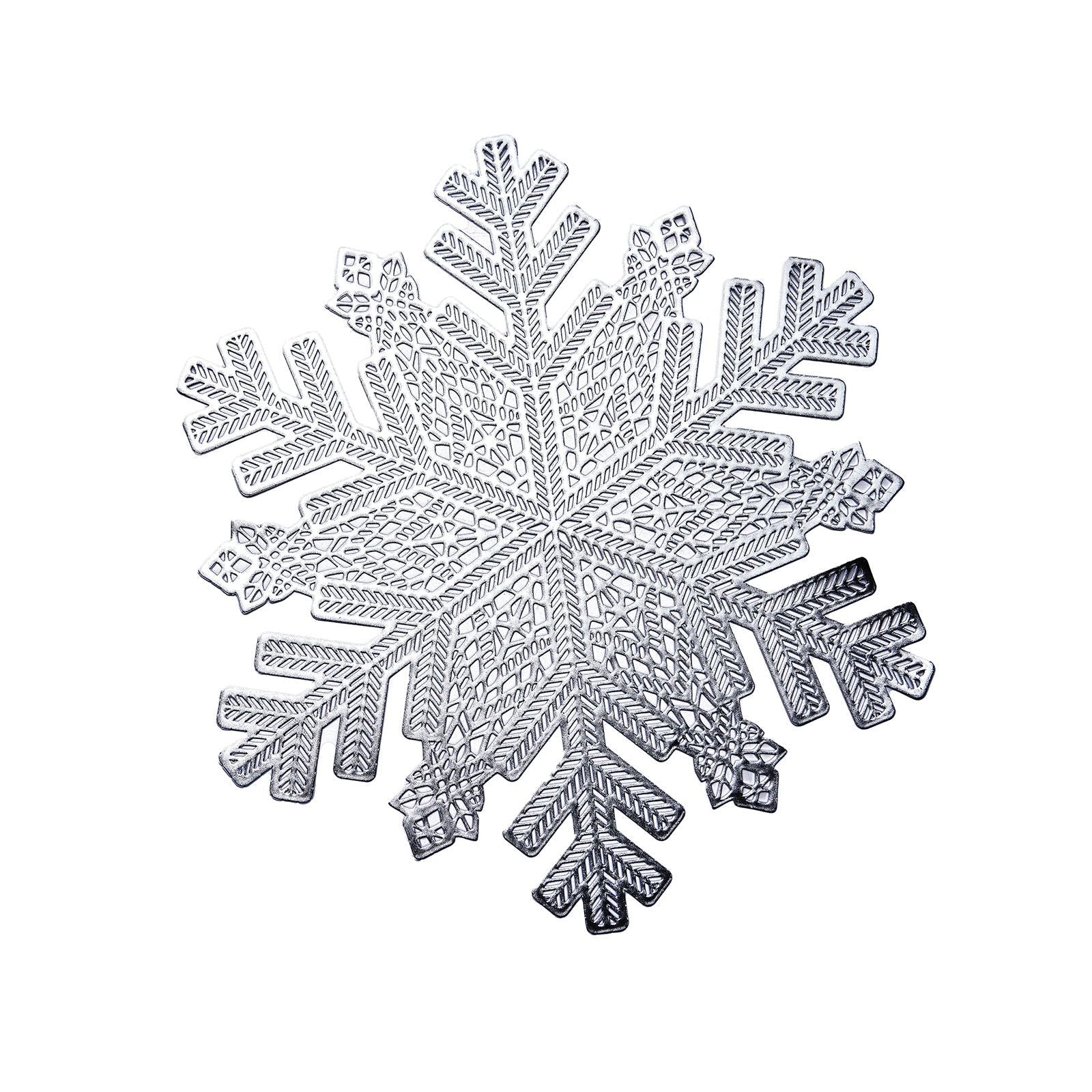 Silver metallic snowflake vinyl placemat for winter table settings.