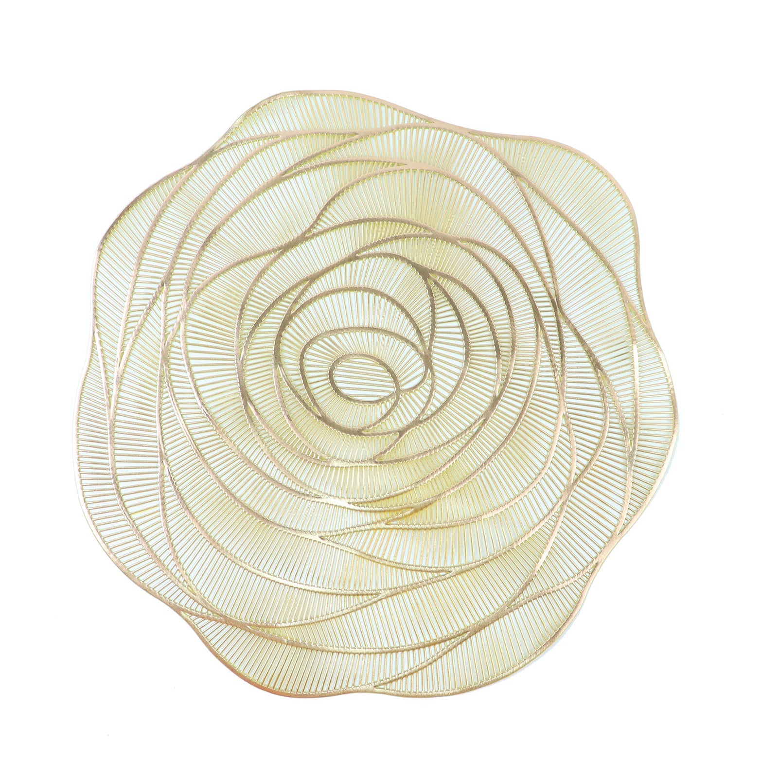 Metallic gold round placemat with rose flower design.
