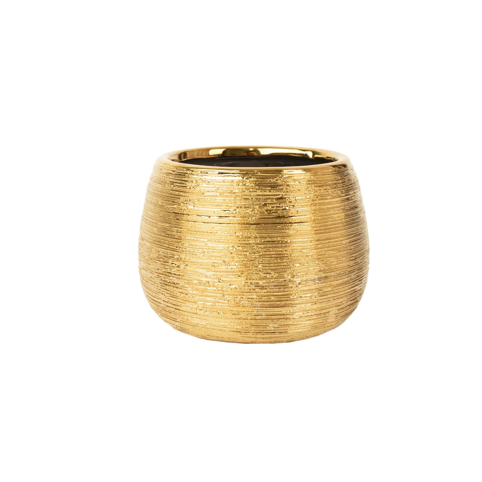 Gold textured ceramic flower vase pot, round brushed indoor planter.