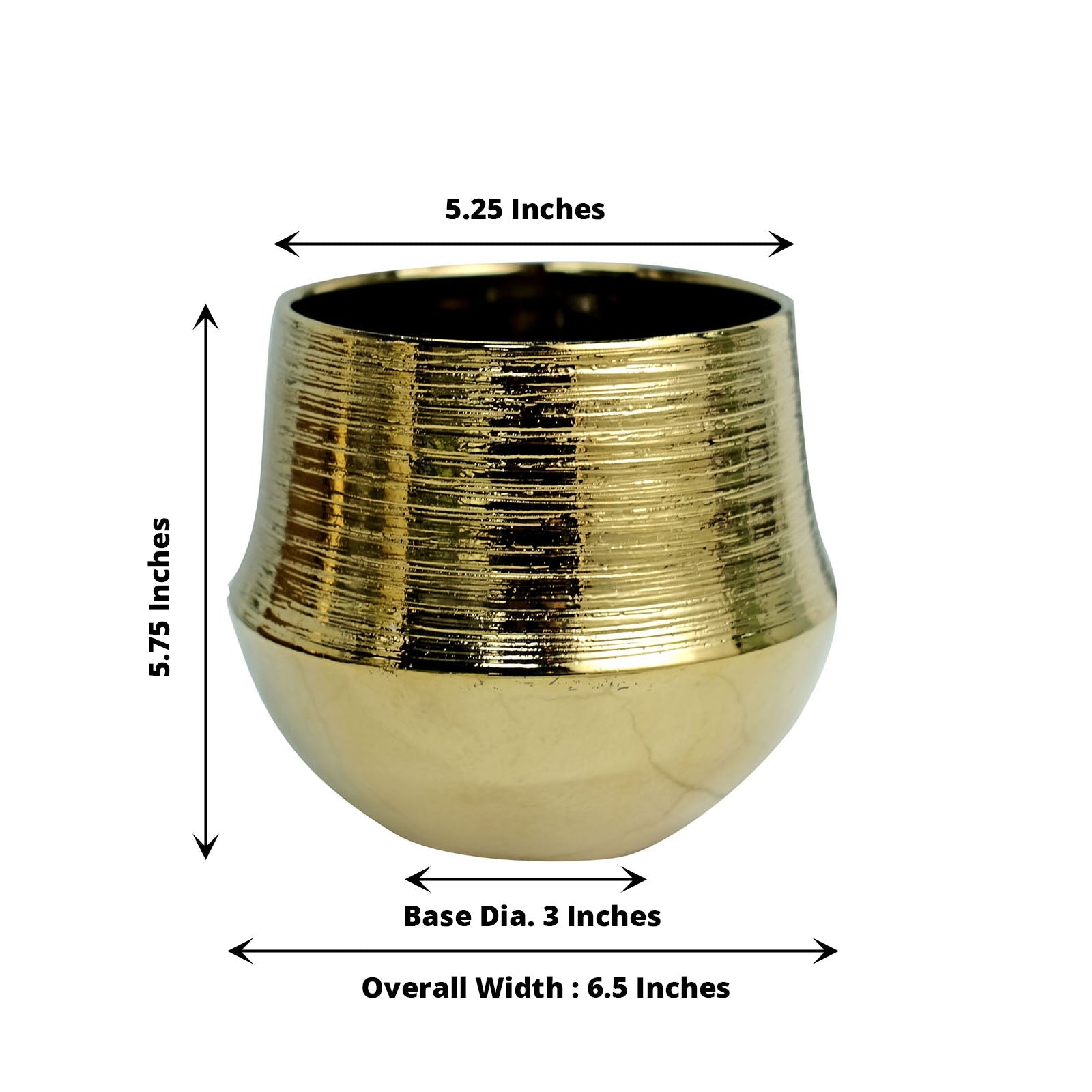 Gold textured round ceramic flower pot with a metallic brushed finish.