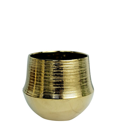 Gold textured round ceramic flower pot, cylindrical bell shape, metallic finish.