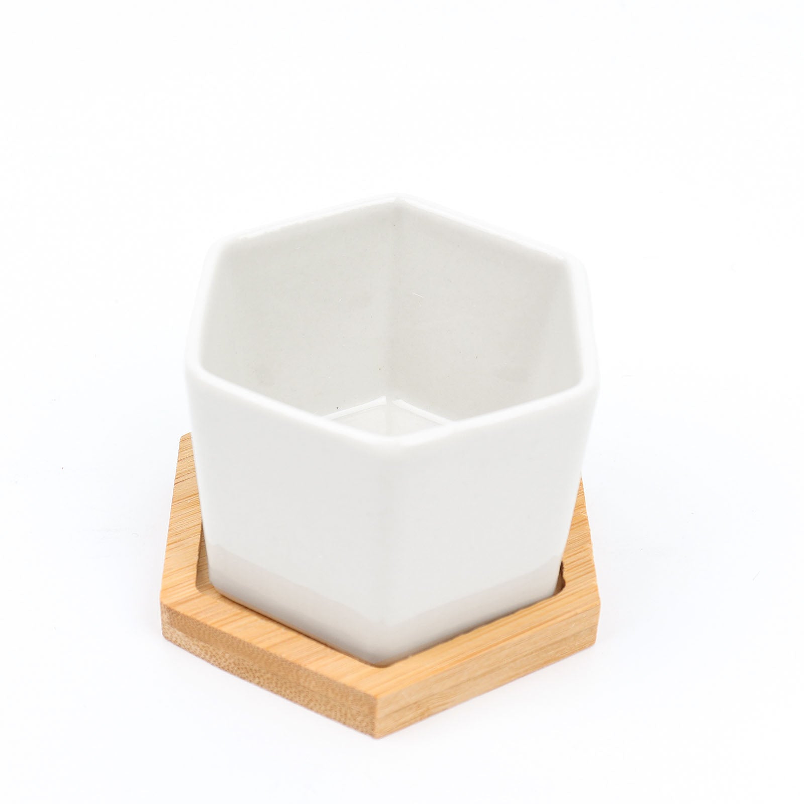 Drainage Hole Bamboo Tray Base and Removable Bottom 3 Inch Geometric White Ceramic Hexagon Planters 6 Pack