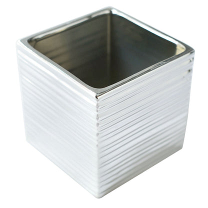 Square Silver Brushed Ceramic 5 Inch Flower Planter Pots in Pack of 2#whtbkgd 