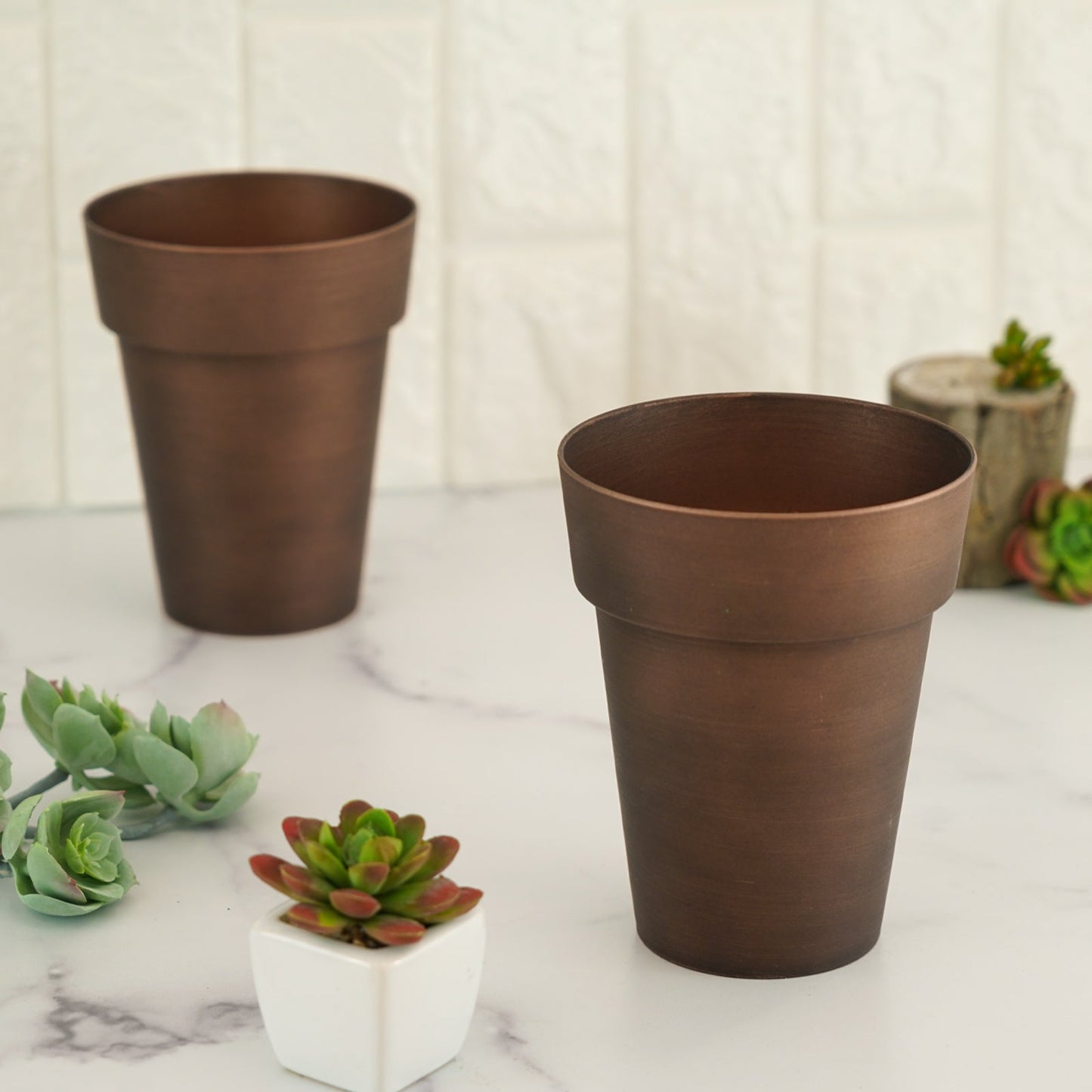 Rustic brown medium flower plant pots, set of 2, perfect for indoor decor.