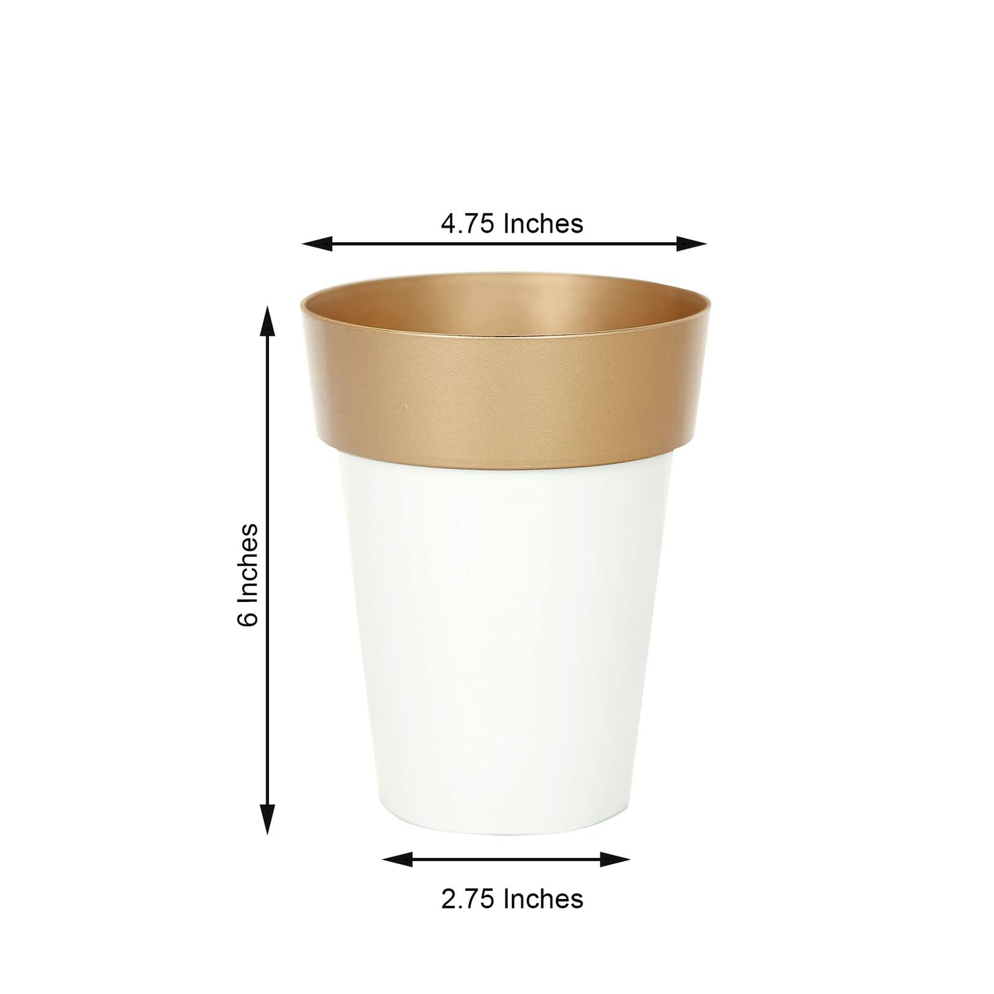 White gold rimmed medium flower pot, 6 inches tall, decorative indoor planter.