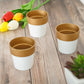 3 Pack of white small flower pots with gold rims on a wooden surface.