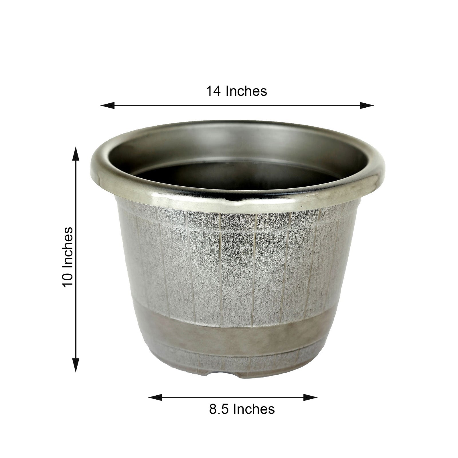 Silver chrome finished large barrel planter pot for indoor/outdoor use.