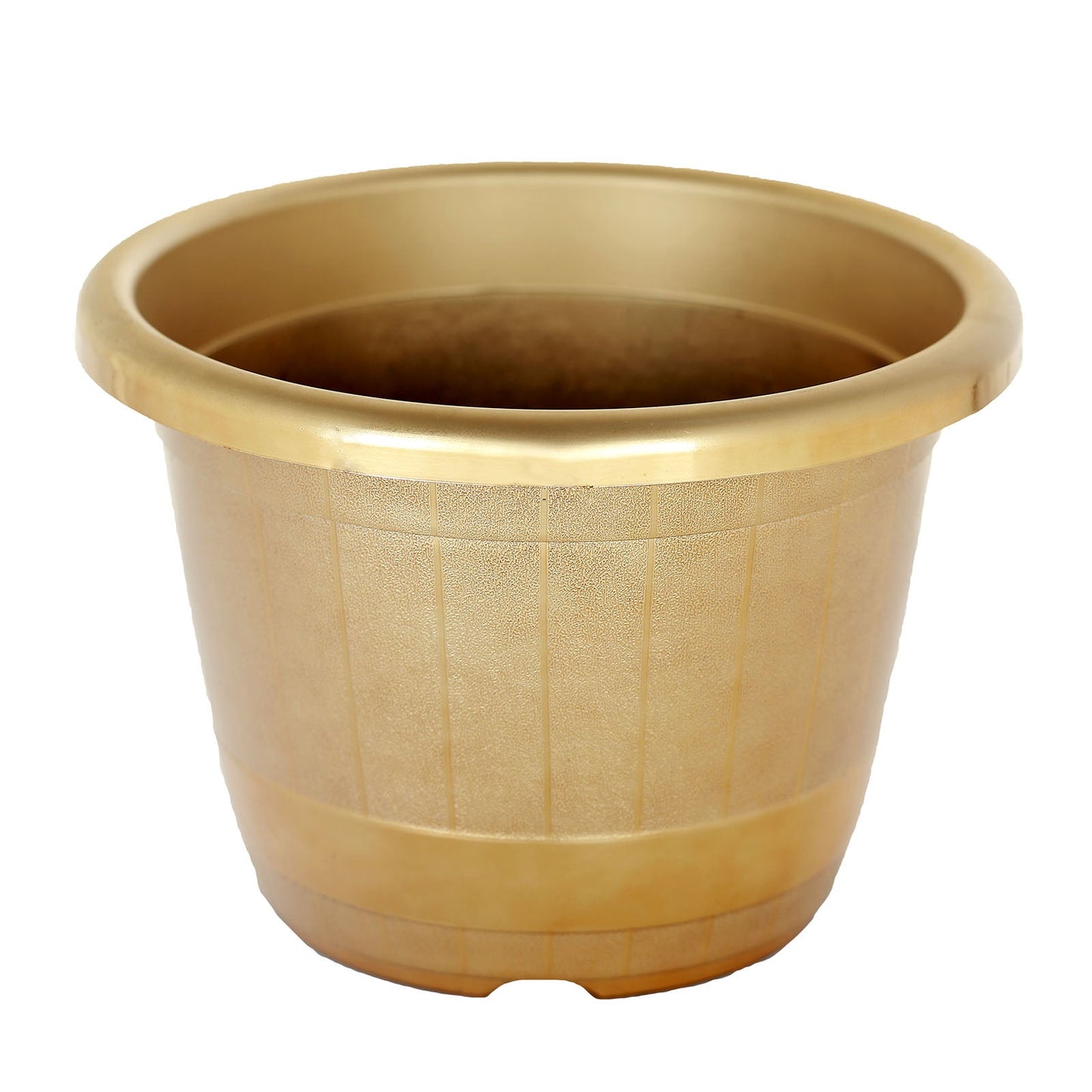 Decorative 14 Inch Gold Planter Pot with Shiny Rimmed Large Barrel Design