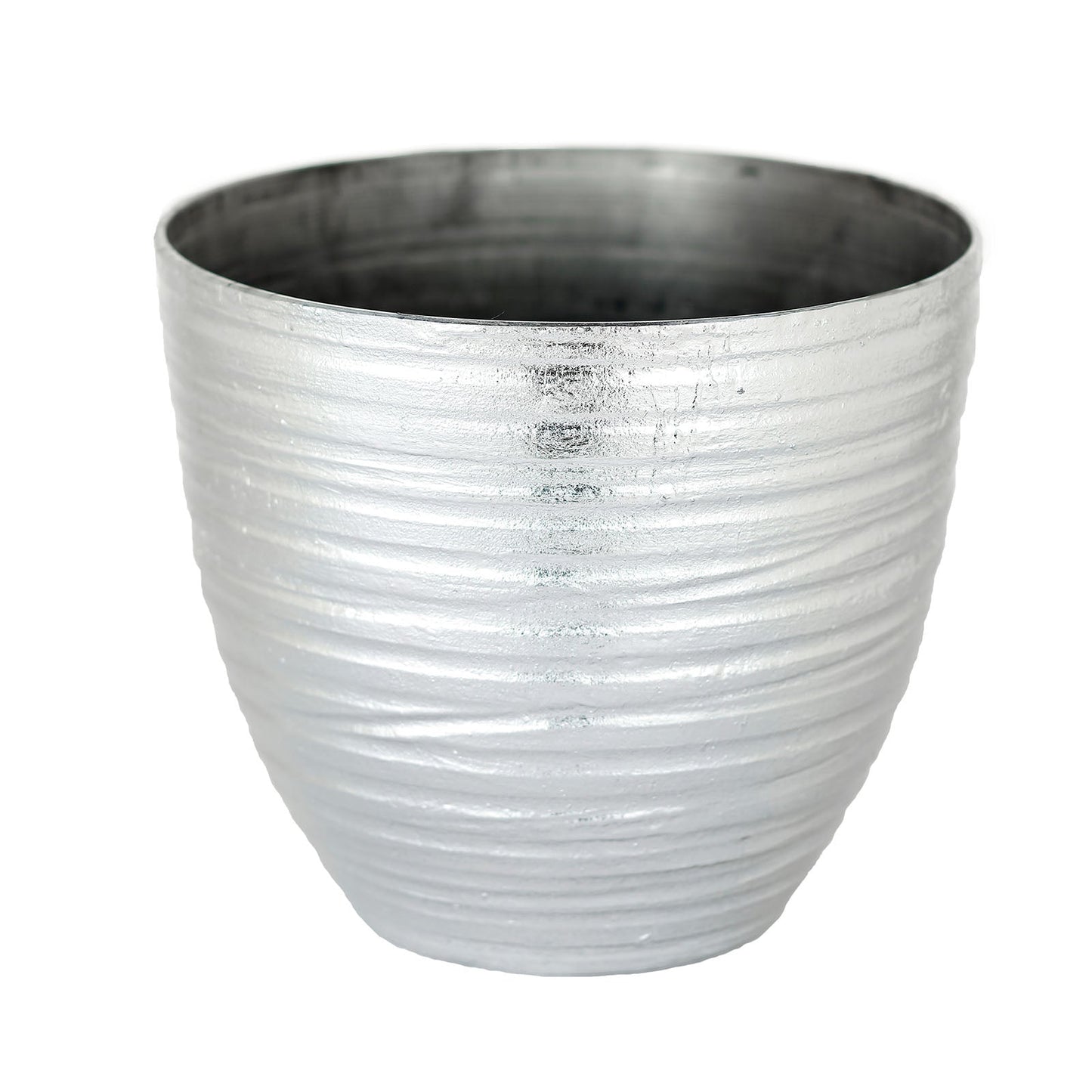 Metallic silver textured large indoor flower pot.
