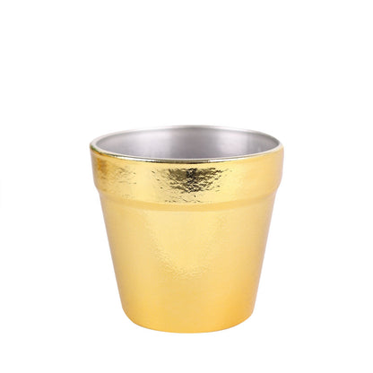 Gold plastic party favor bucket, mini succulent planter.