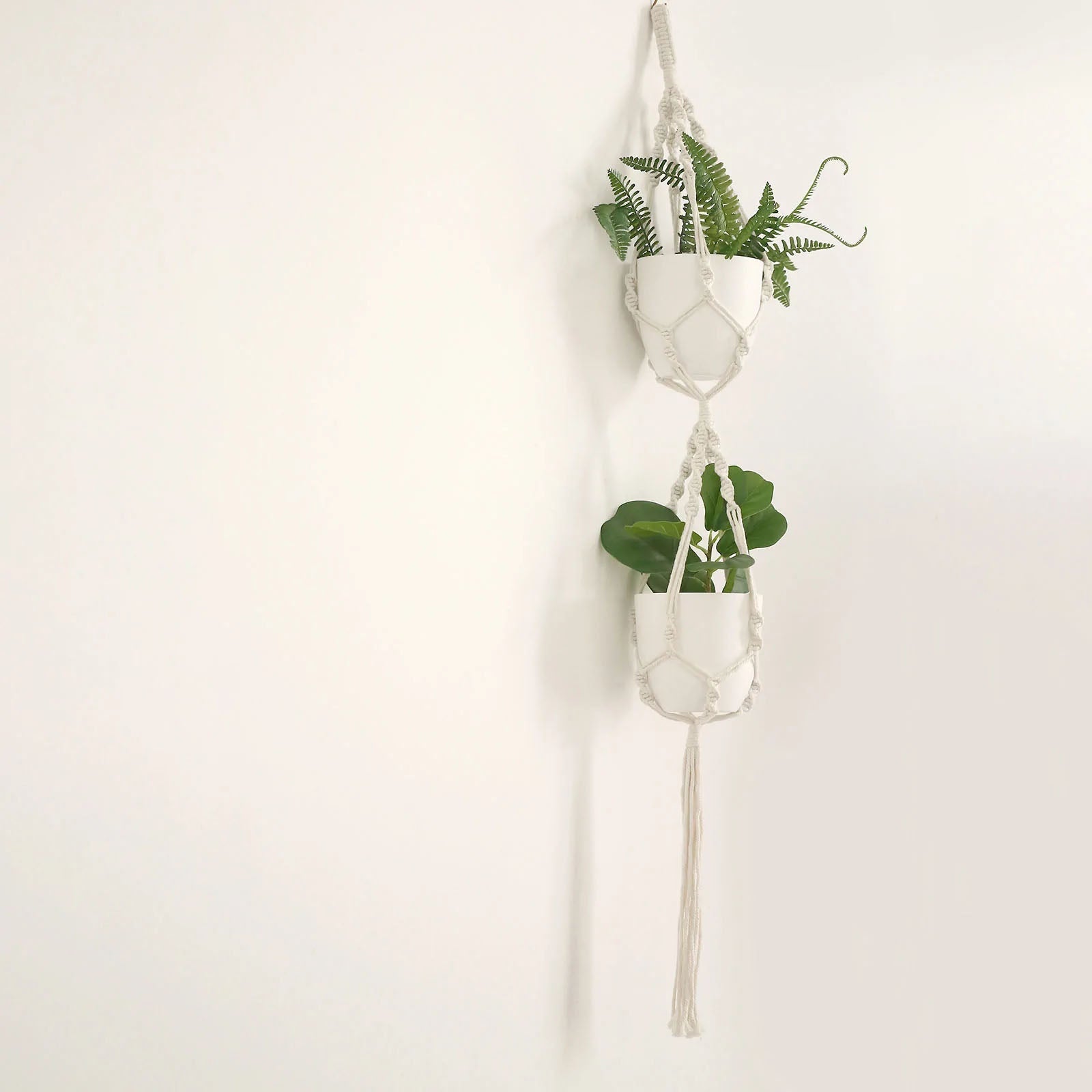 White Plastic Planter Pot 5.5 Inch For Indoor Plants With Macrame Set Of Two