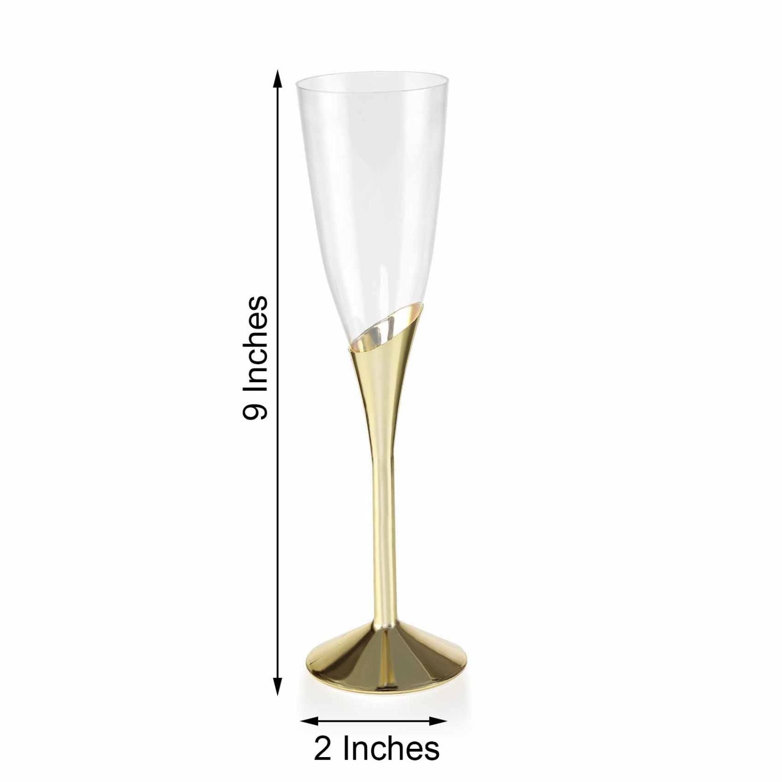 Clear champagne flute with a gold base, 9 inches tall and 2 inches wide.